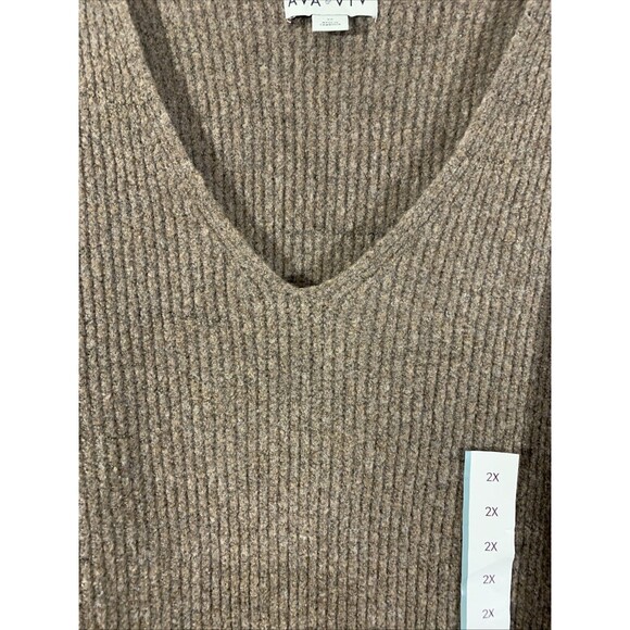 Ava & Viv Ribbed Brown Sweater Womens 2X NWT V Neck Cozy Winter - Picture 3 of 7